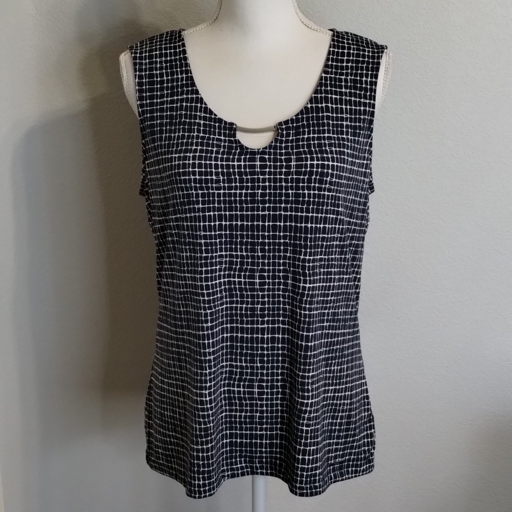 Tahari women's size large navy ivory white sleeveless tank blouse silver accent